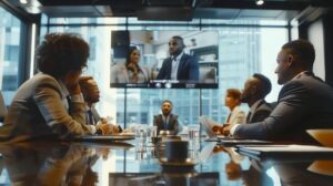 Modernt konferensrum i Stockholm utrustat för hybridmöte via videokonferens.